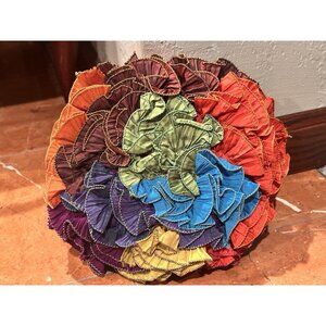 KENJI INDIA MULTICOLOR RUFFLED SATIN PILLOW 11" ROUND EUC